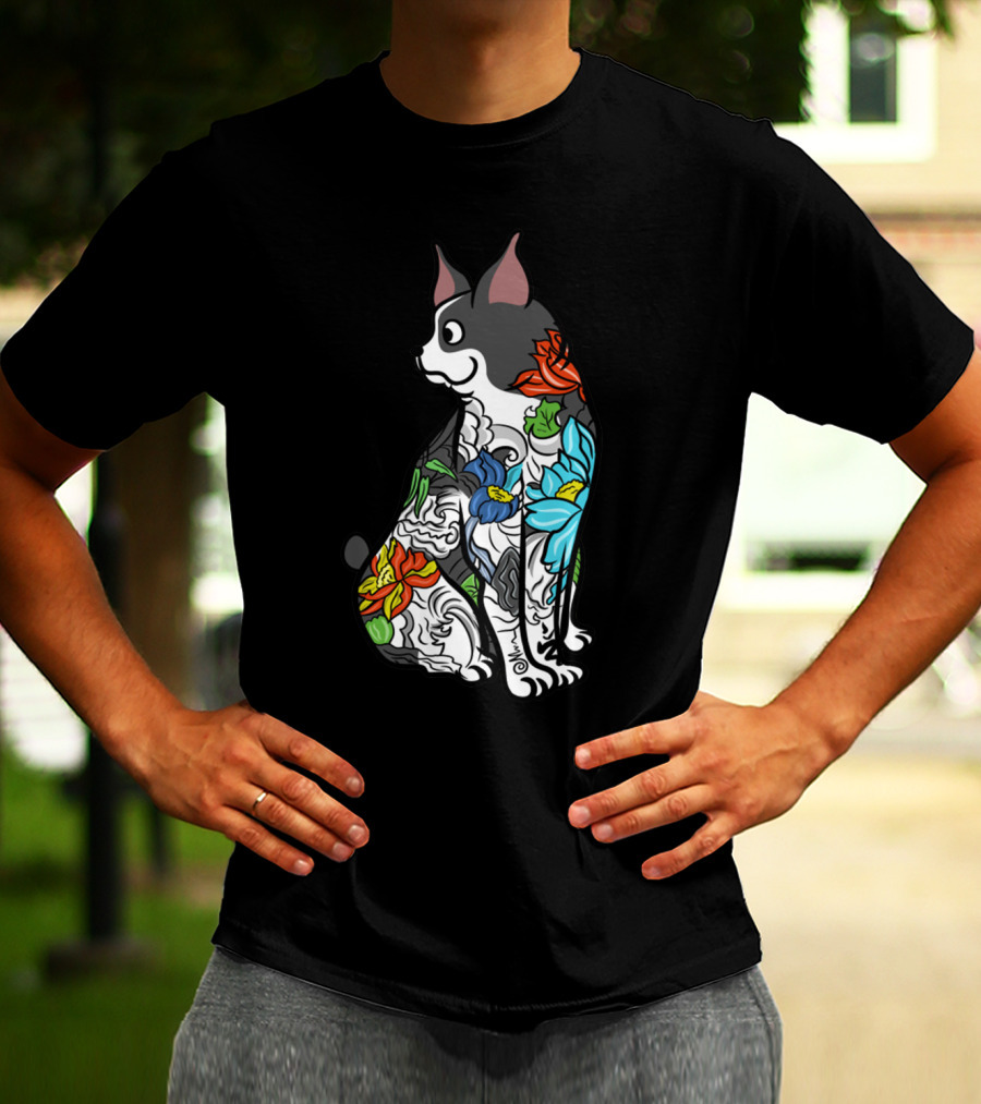 Boston Terrier With Colorful Floral Tattoo T-Shirt