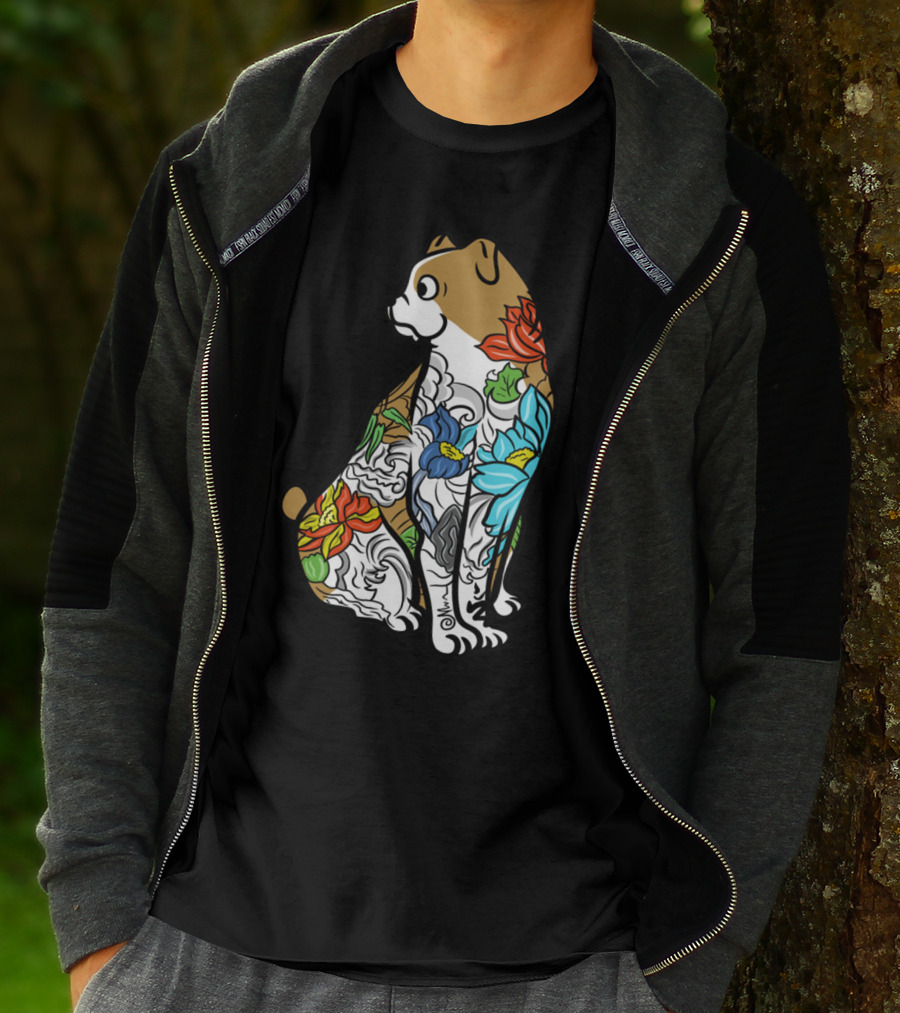 BULLDOG TATTOO FLORAL PATTERN COLORFUL T-Shirt