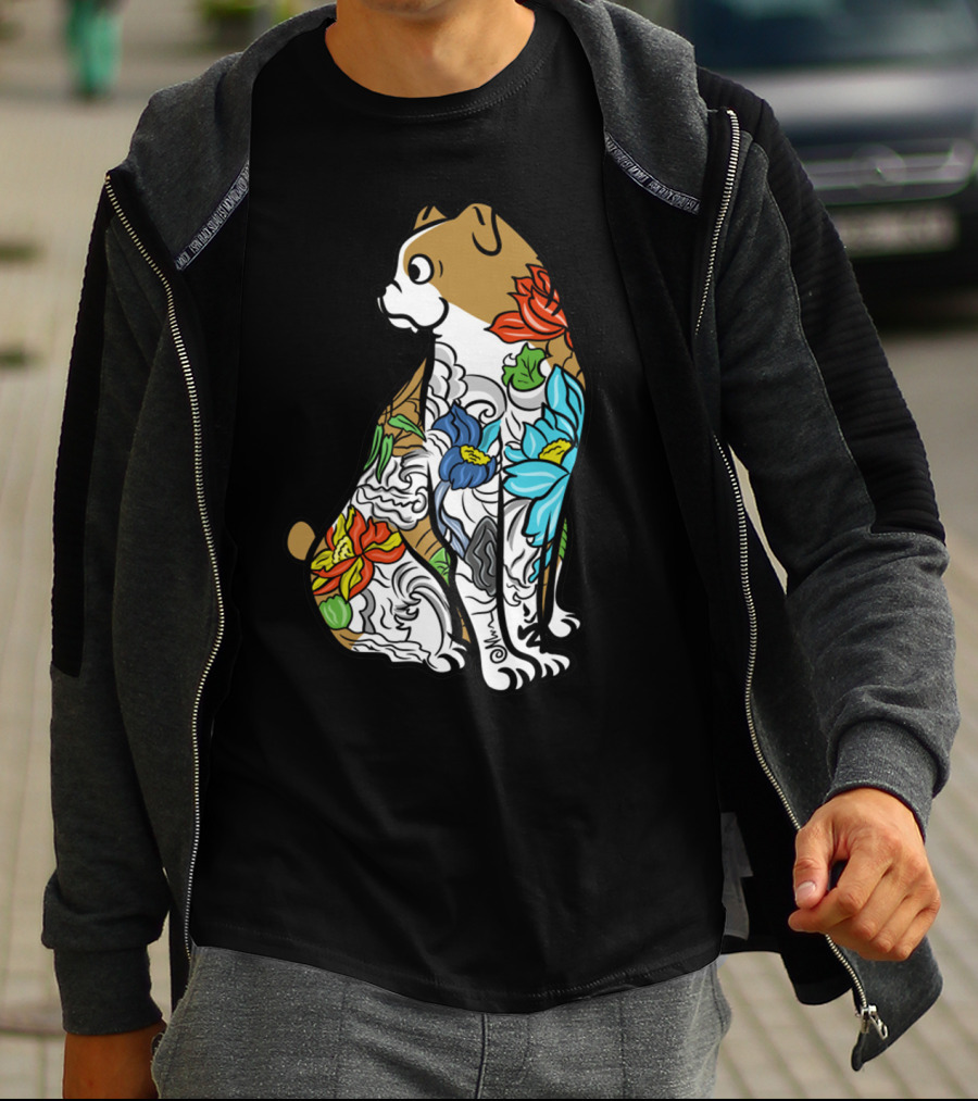 BULLDOG TATTOO FLORAL PATTERN COLORFUL T-Shirt