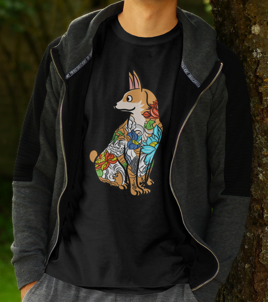 Corgi With Colorful Floral Tattoo T-Shirt