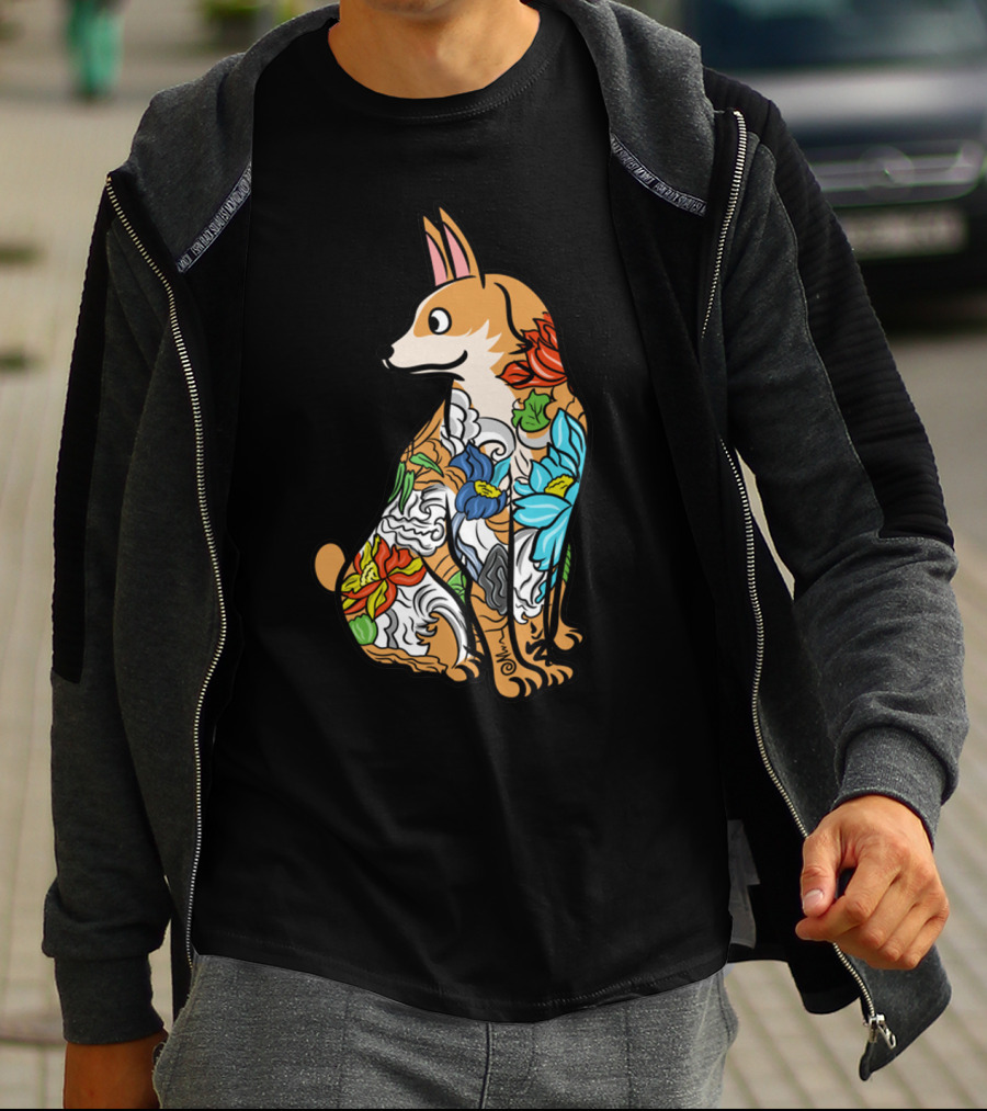 Corgi With Colorful Floral Tattoo T-Shirt
