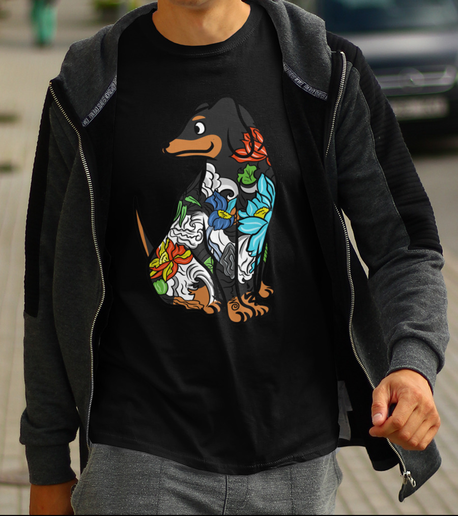 Colorful Floral Dachshund Tattoo Design With Artistic Flower T-Shirt