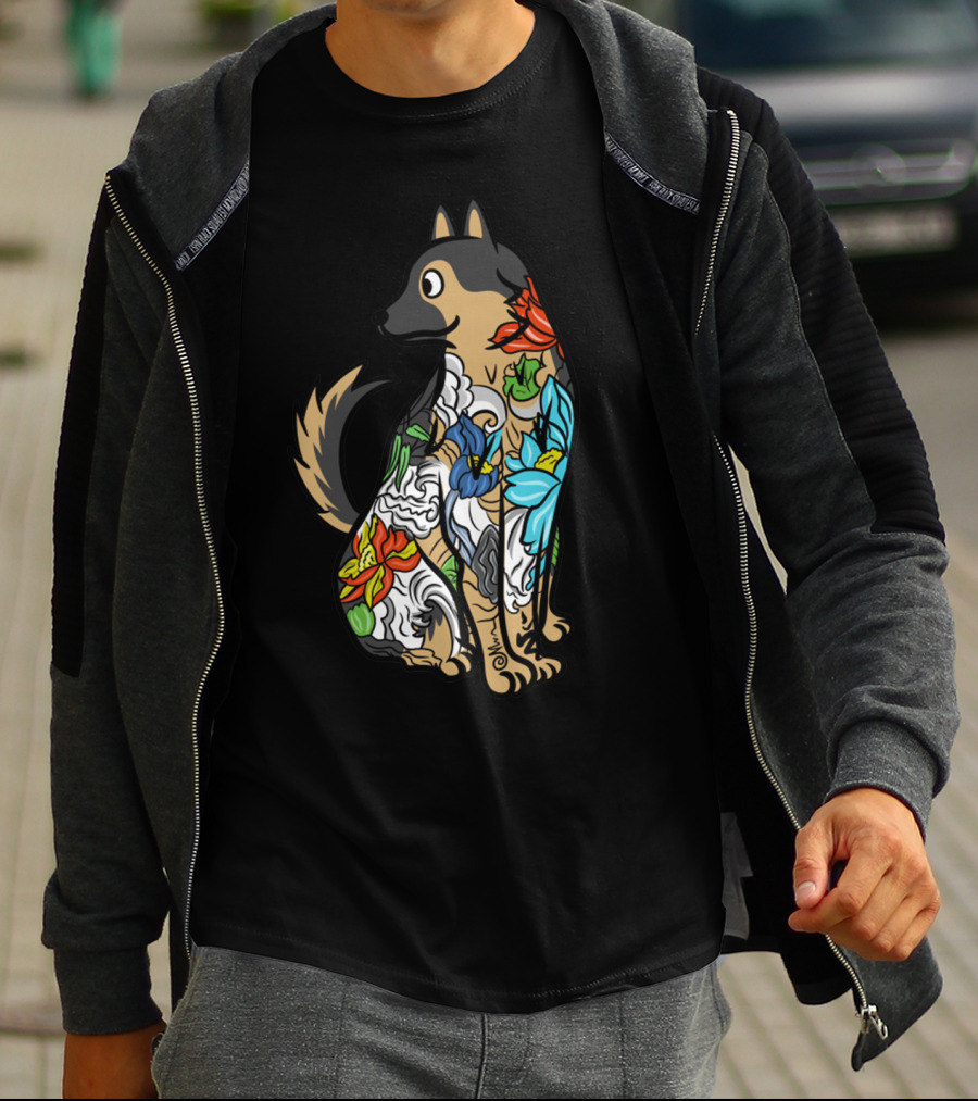 German Shepherd Vibrant Floral Tattoo T-Shirt