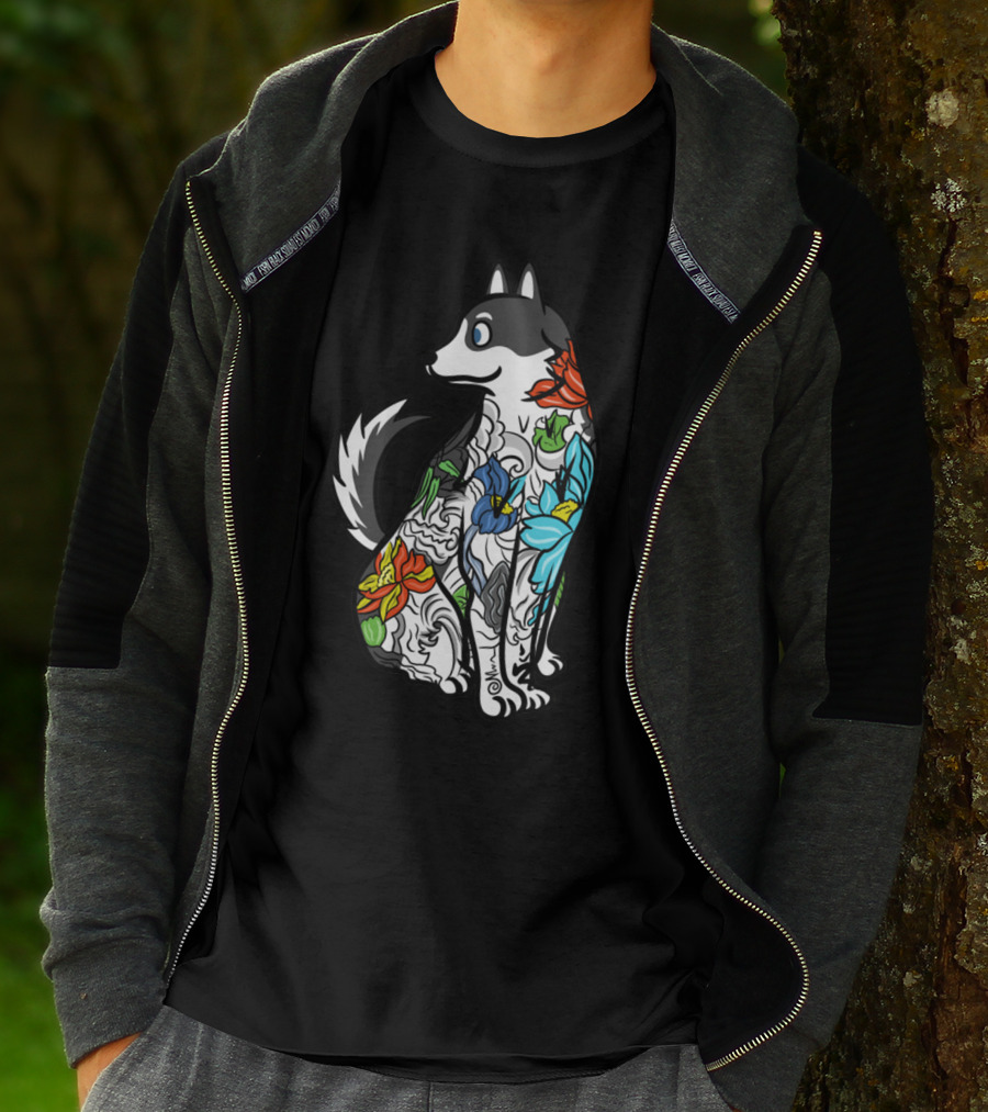 Husky Tattoo Floral Art Pattern In Black And Multicolor T-Shirt