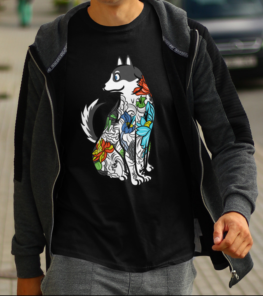 Husky Tattoo Floral Art Pattern In Black And Multicolor T-Shirt