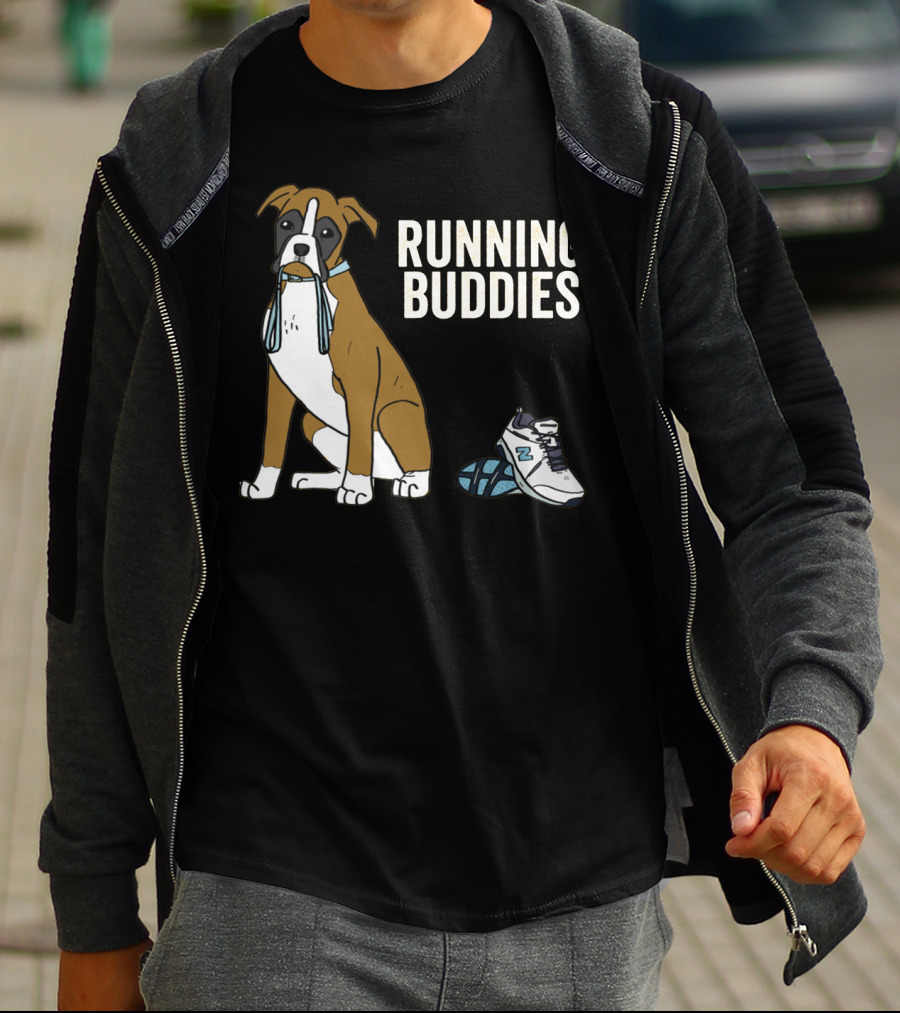 Boxer With Shoe And Running Buddies Text T-Shirt