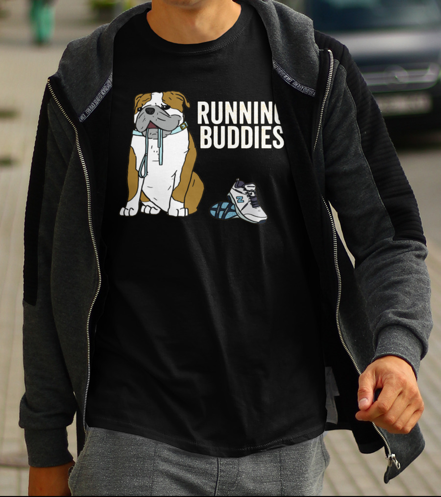 Bulldog And Sneakers Running Buddies With Leash And Shoe Companion T-Shirt