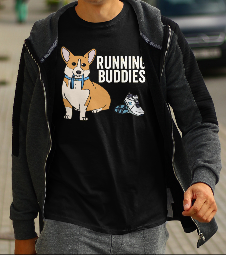 Corgi Running Buddies With Sneakers And Blue Collar T-Shirt