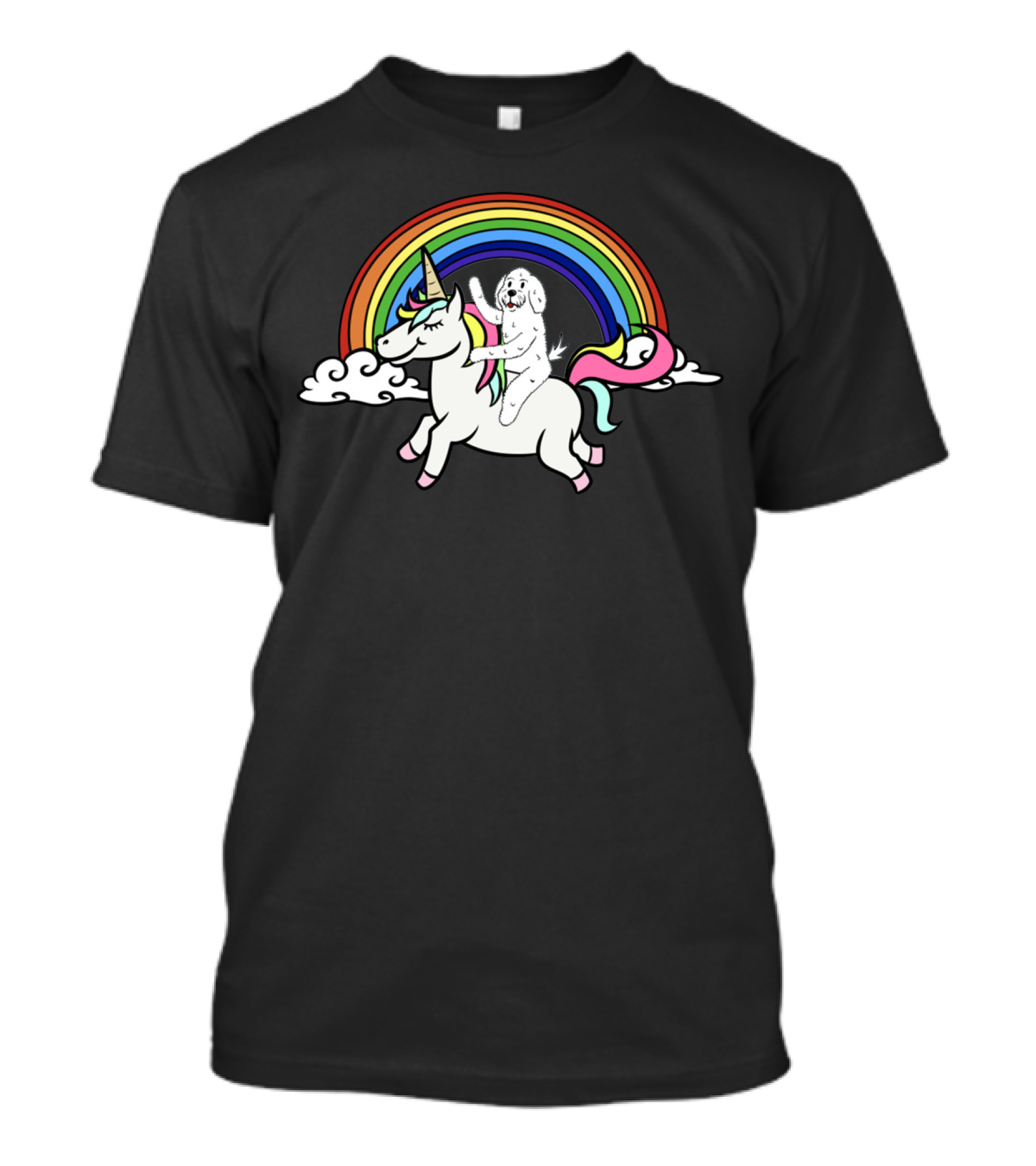 BICHON FRISE RIDING UNICORN WITH RAINBOW BACKGROUND AND FLUFFY CLOUDS T-Shirt