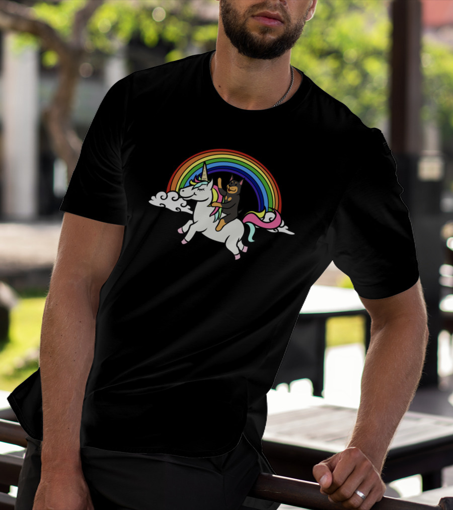 Doberman Riding Unicorn With Rainbow In Clouds T-Shirt