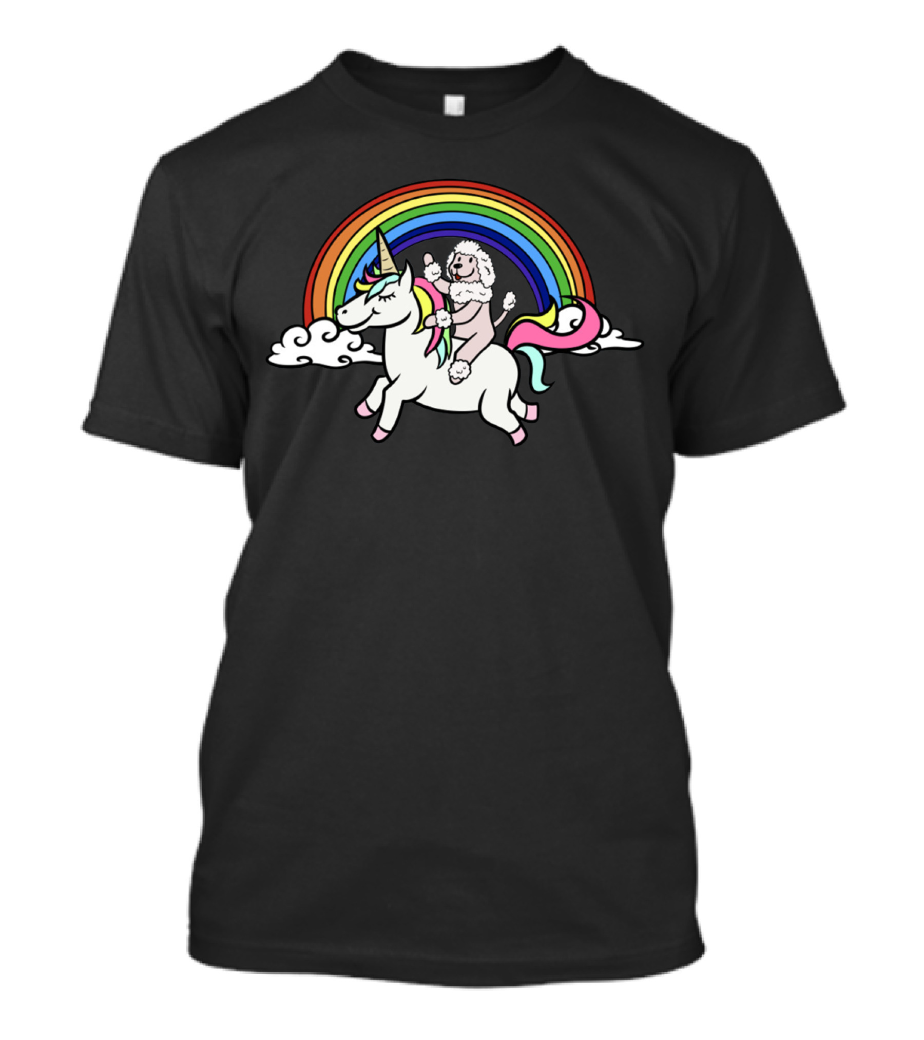 Poodle Riding Unicorn Under Rainbow Clouds T-Shirt