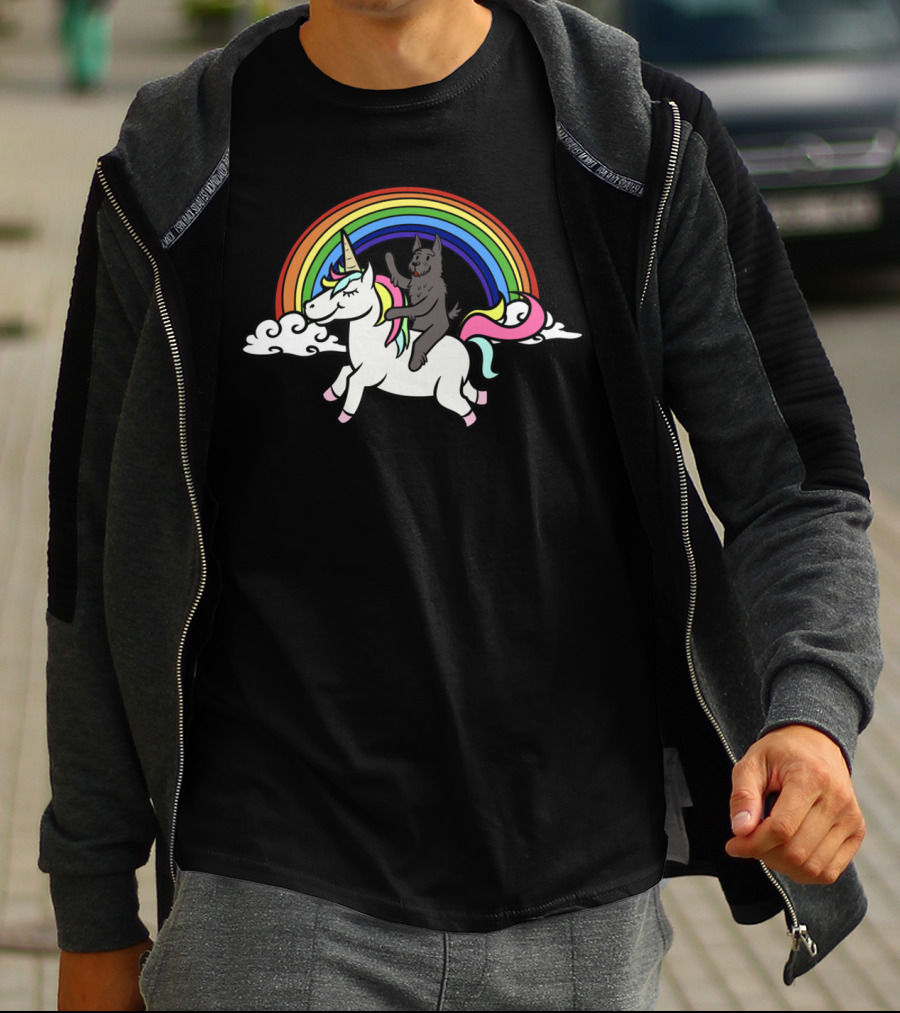 Scottie Dog Riding Unicorn With Rainbow In Clouds T-Shirt