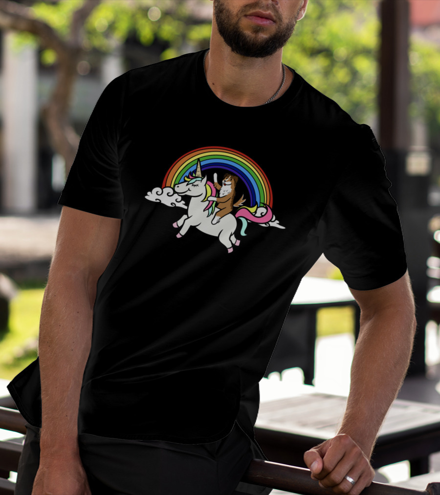 Sheltie Joyfully Riding Unicorn With Vibrant Rainbow T-Shirt