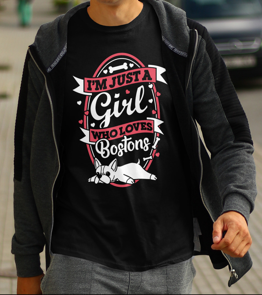 I'm Just A Girl Who Loves Bostons With Bones And Hearts Border T-Shirt