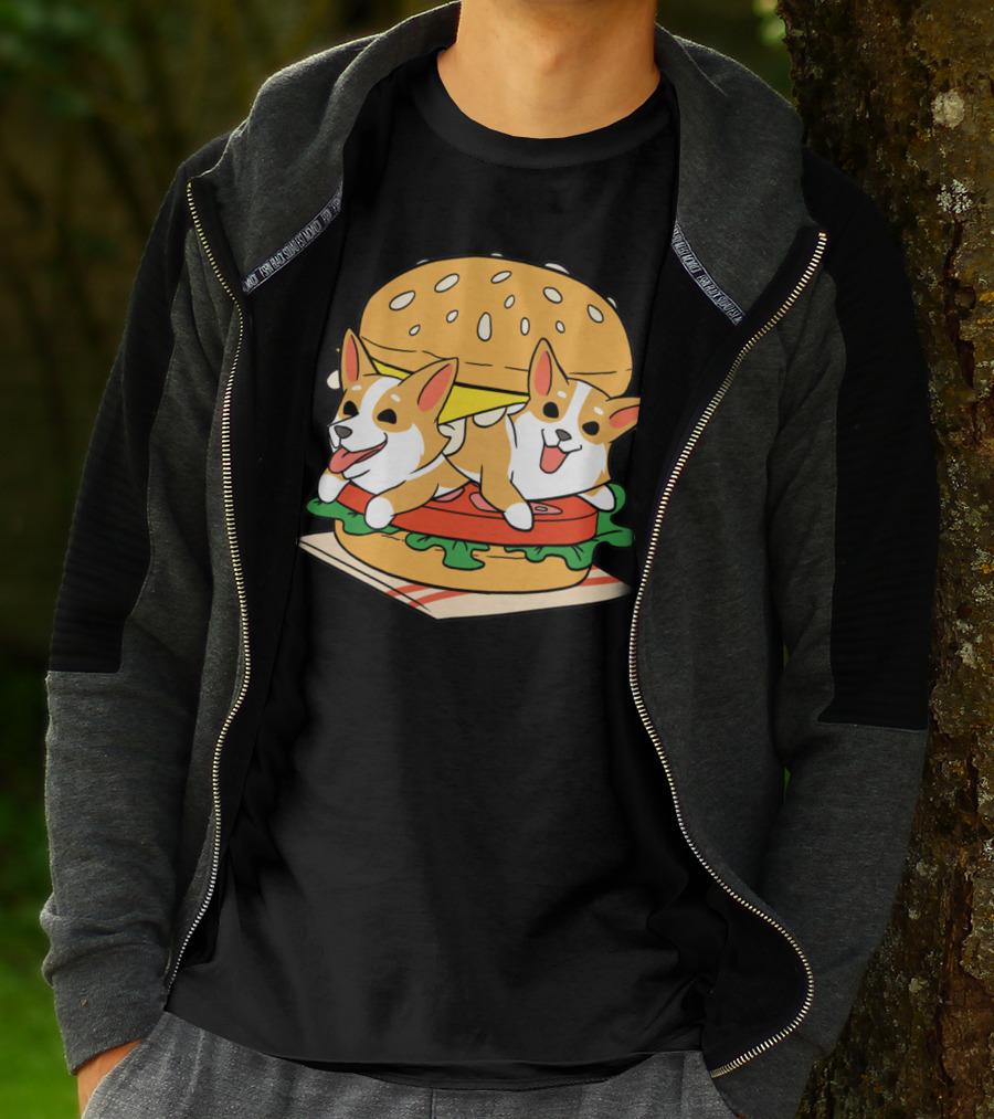 Corgi Burger Delight Double Pup Cheeseburger Fun T-Shirt
