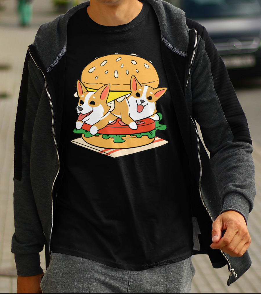 Corgi Burger Delight Double Pup Cheeseburger Fun T-Shirt