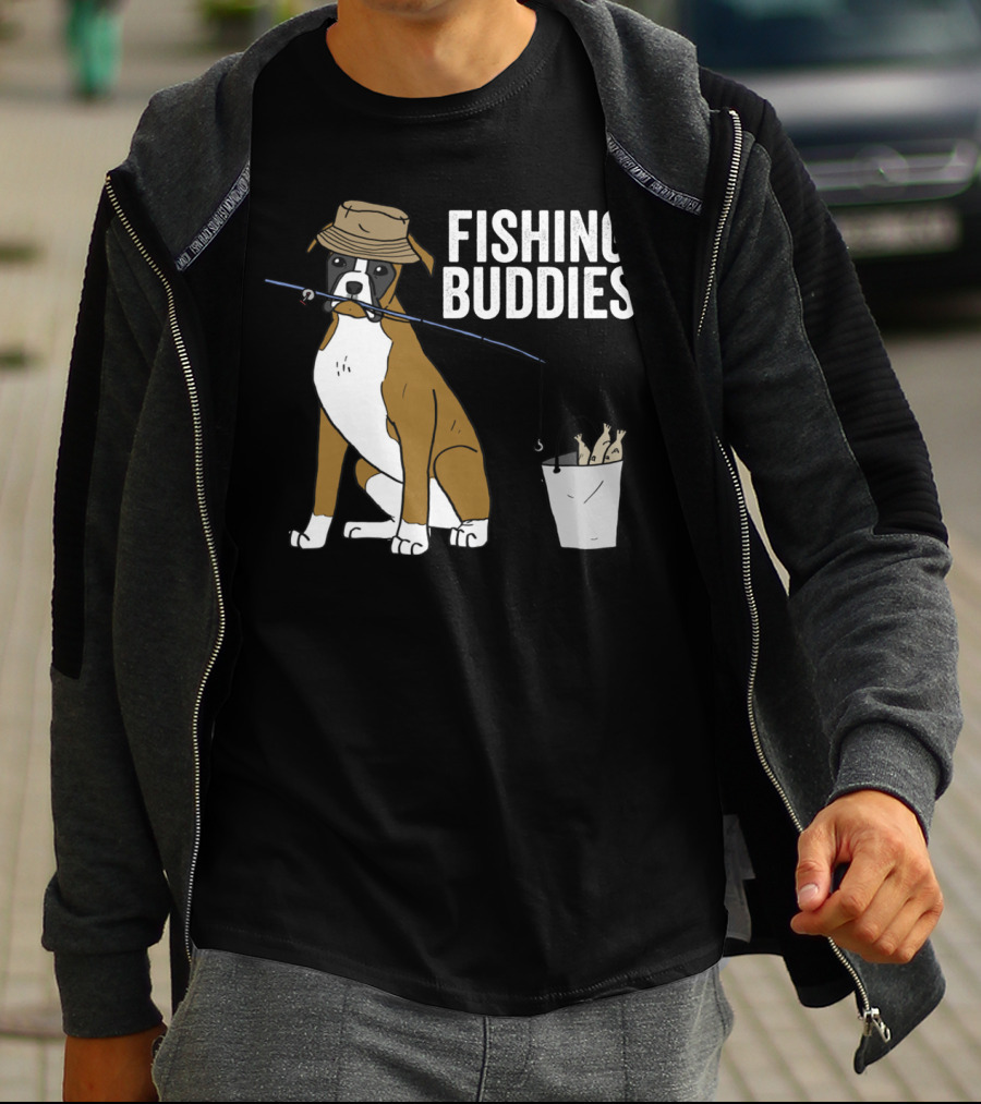 Boxer Dog Fishing Buddies Cartoon With Hat And Fishing Rod T-Shirt