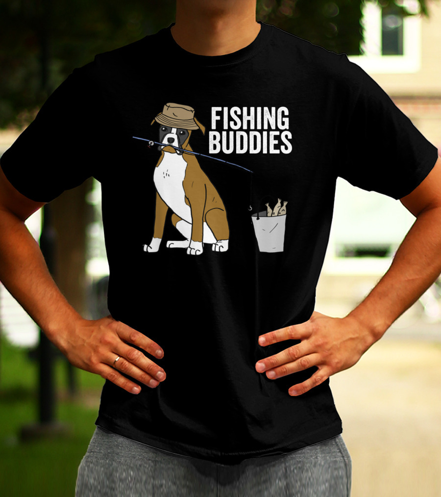Boxer Dog Fishing Buddies Cartoon With Hat And Fishing Rod T-Shirt