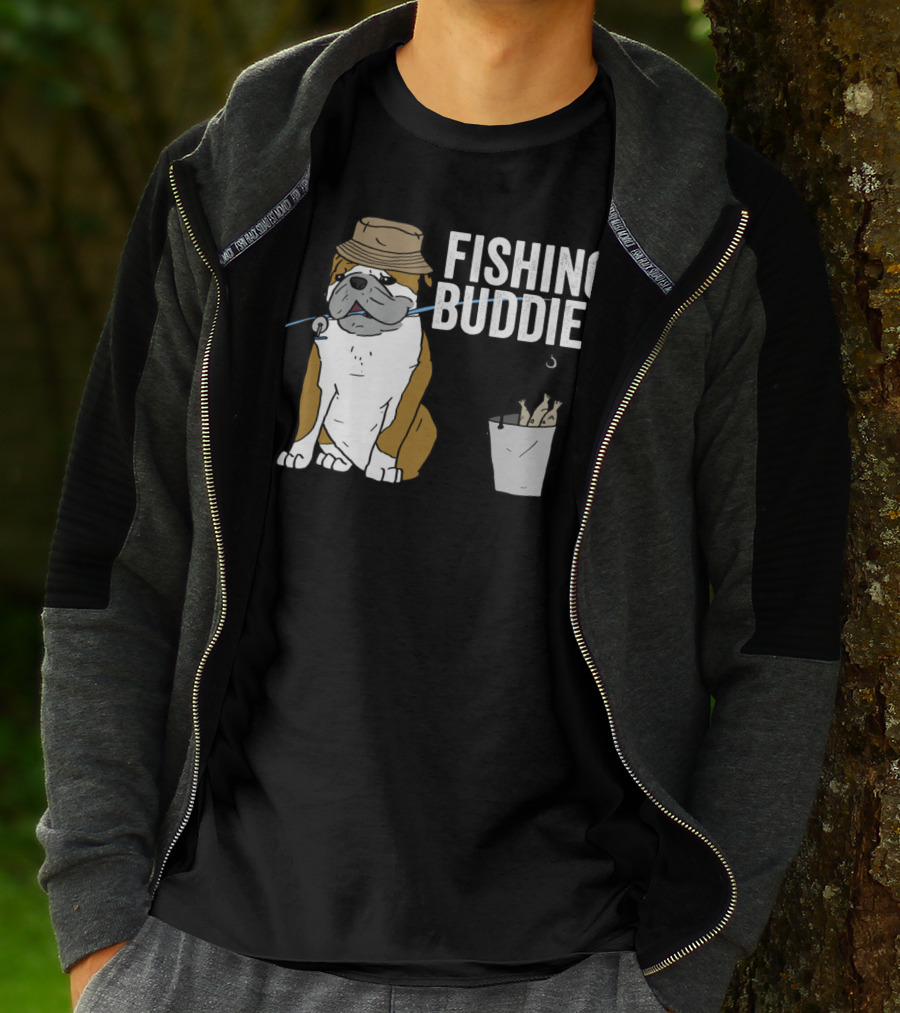 Bulldog Wearing Hat With Fishing Hook And Bucket - Fun Fishing Buddies T-Shirt