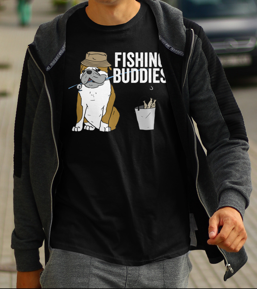 Bulldog Wearing Hat With Fishing Hook And Bucket - Fun Fishing Buddies T-Shirt
