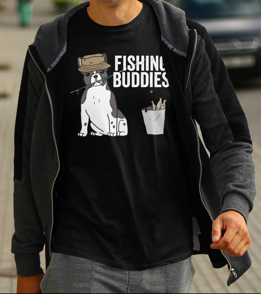 French Bulldog Fishing Buddies With Hat And Fish Bucket T-Shirt