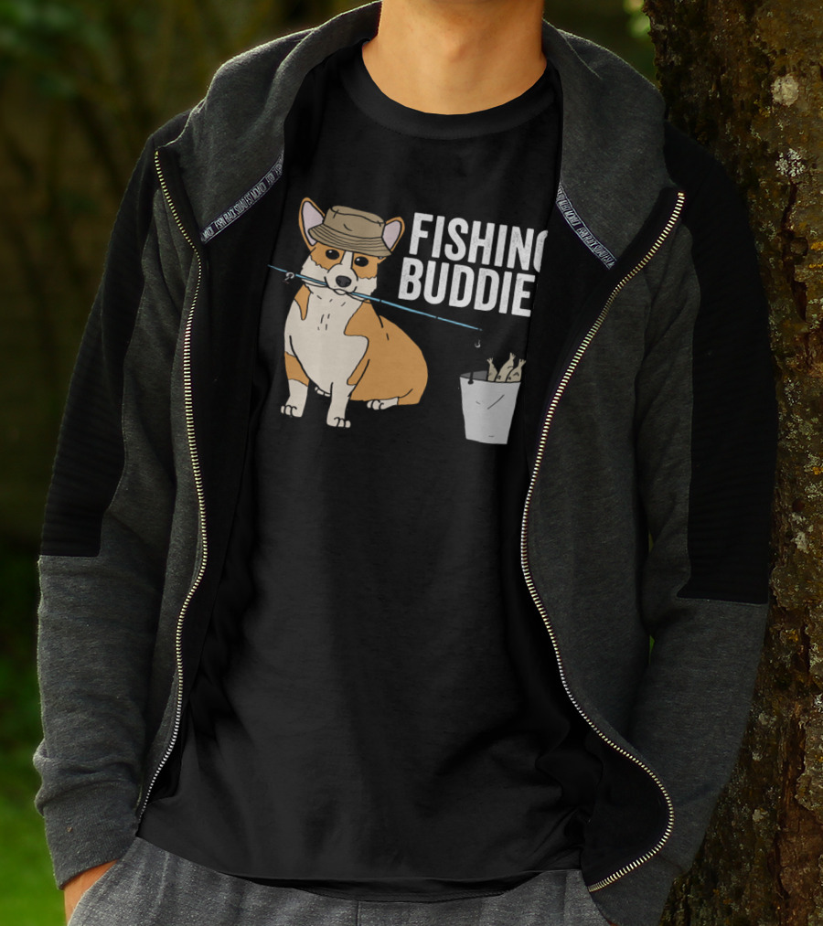 Fishing Buddies Corgi With Fishing Rod And Bucket Of Fish T-Shirt