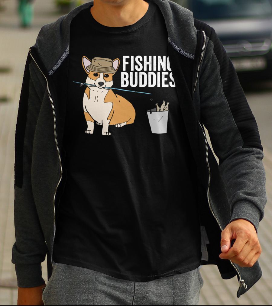 Fishing Buddies Corgi With Fishing Rod And Bucket Of Fish T-Shirt