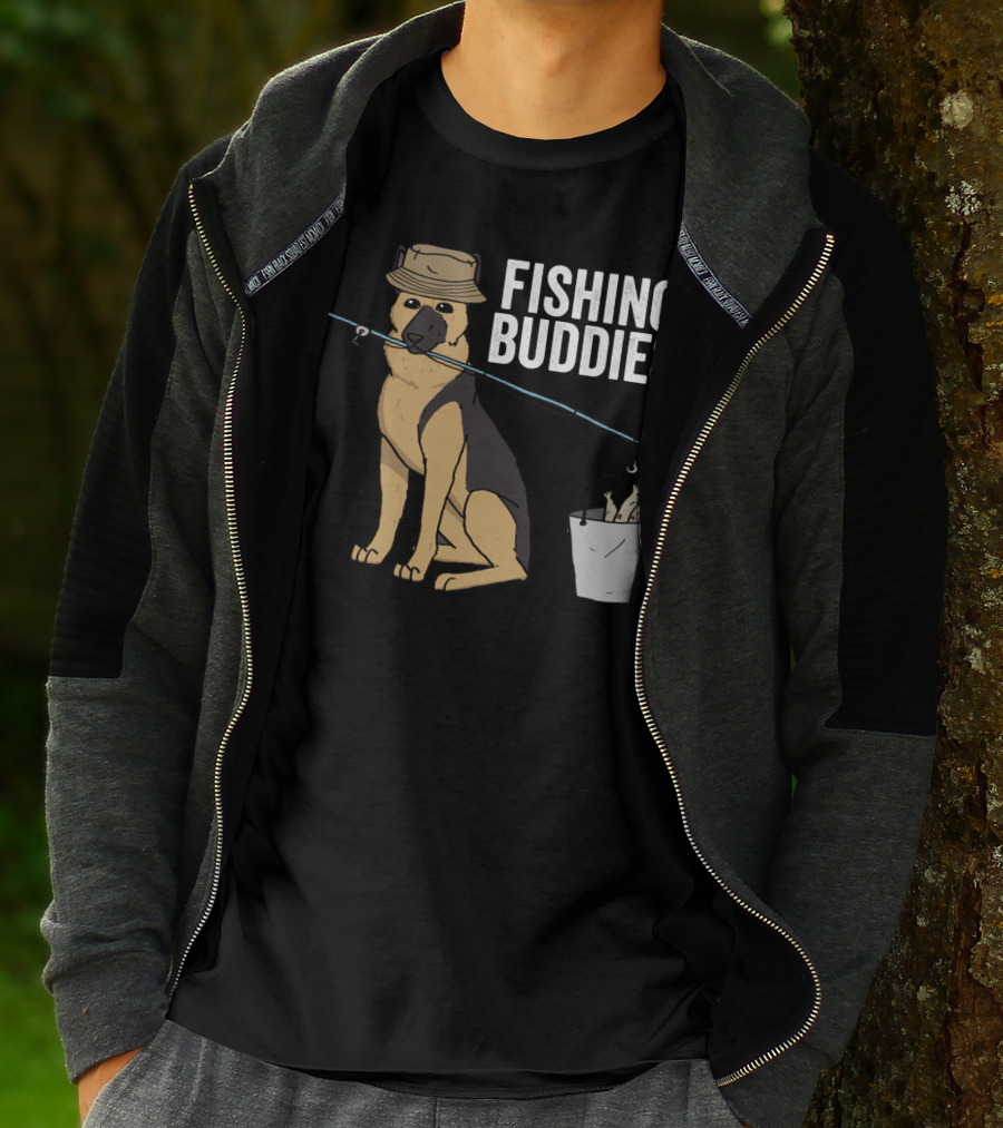 Fishing Buddies German Shepherd Bucket And Fishing Rod T-Shirt