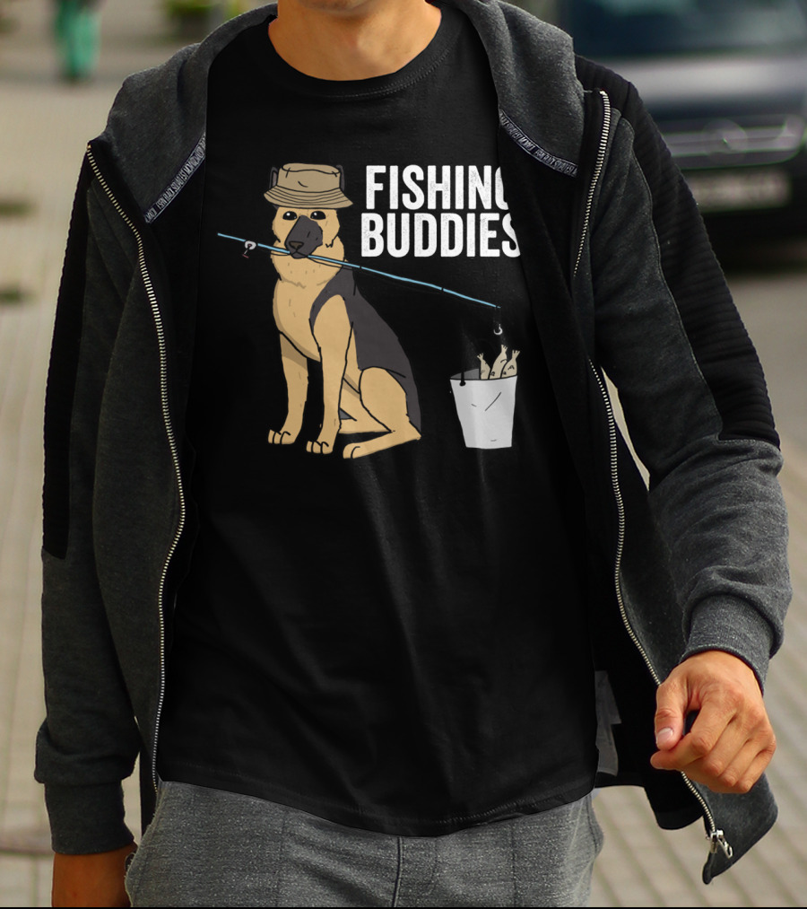 Fishing Buddies German Shepherd Bucket And Fishing Rod T-Shirt