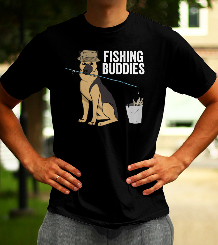 Fishing Buddies German Shepherd Bucket And Fishing Rod T-Shirt