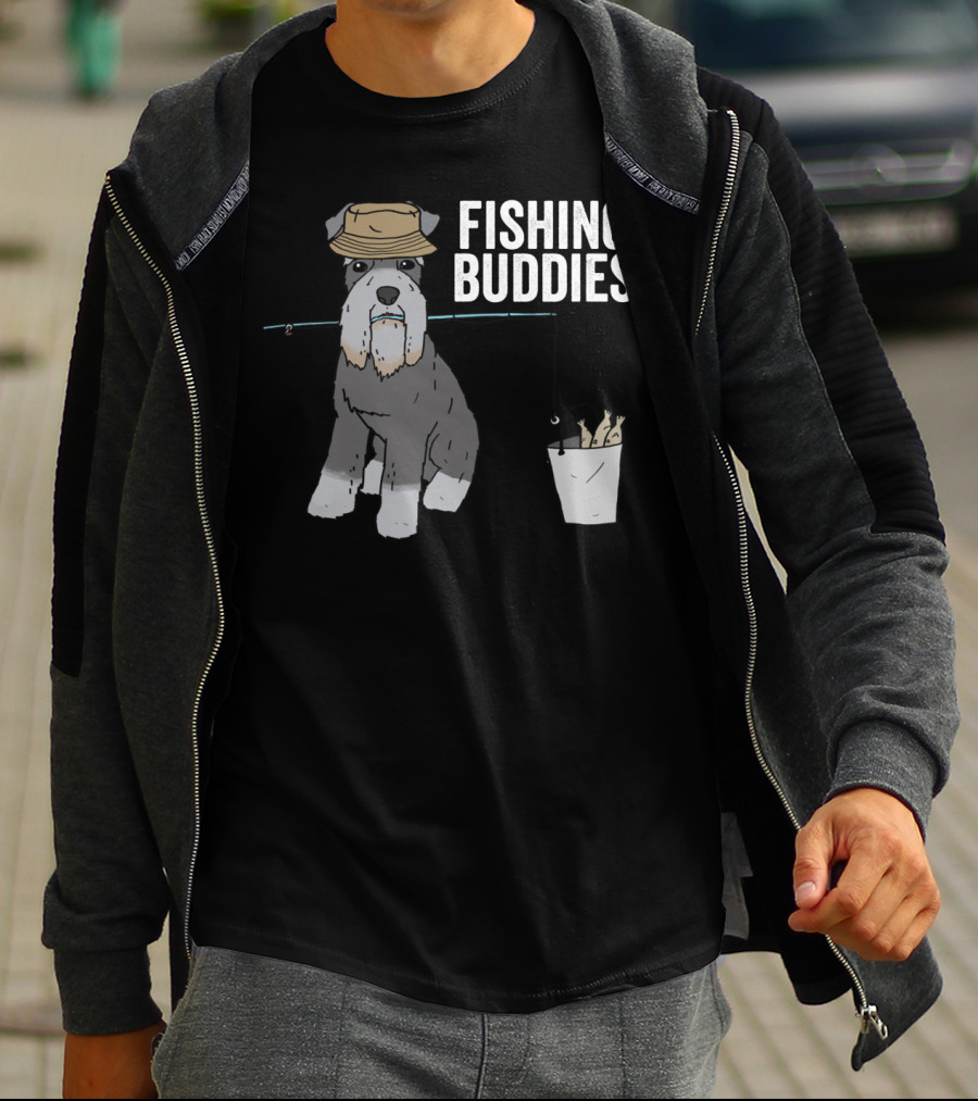 Schnauzer Dog Wearing Fishing Hat With Rod And Bucket - Fishing Buddies T-Shirt