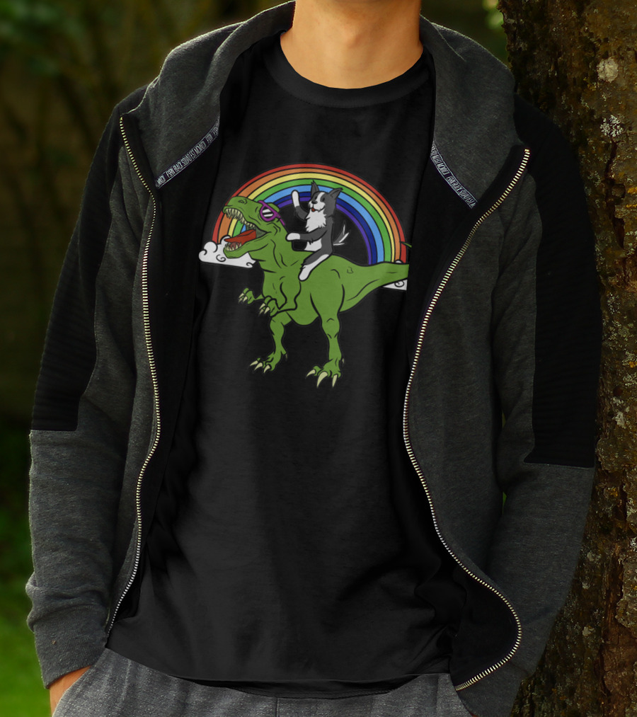 Border Collie Riding T-Rex With Rainbow T-Shirt