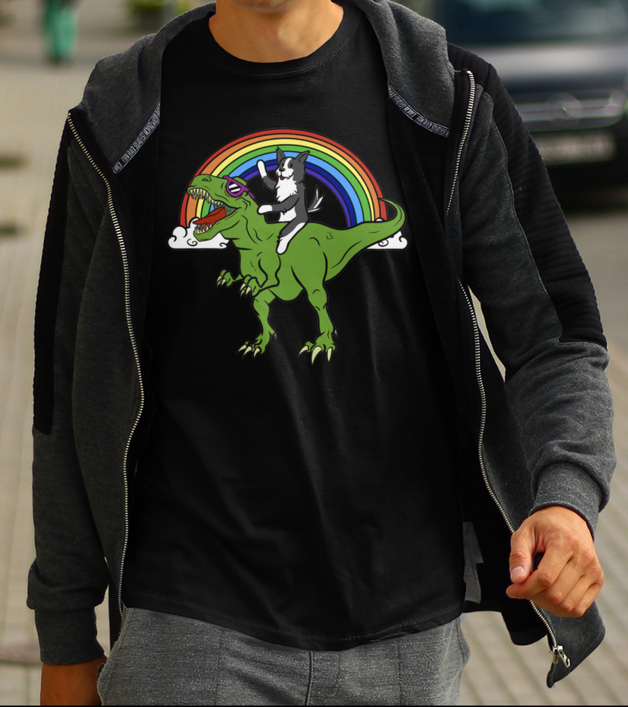 Border Collie Riding T-Rex With Rainbow T-Shirt