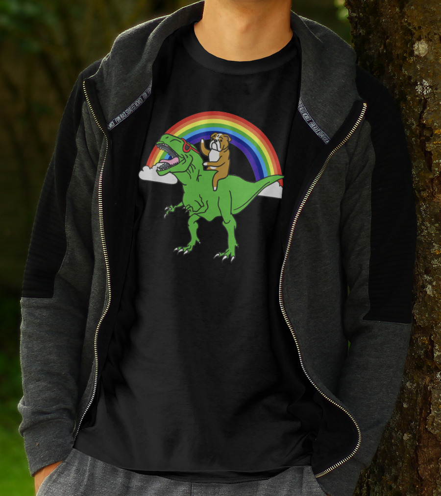 Bulldog Riding T-Rex With Rainbow And Sunglasses T-Shirt