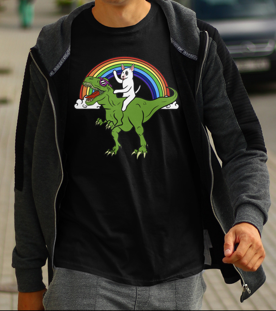 Bully Dinosaur Cat Riding T-Rex Rainbow Adventure T-Shirt