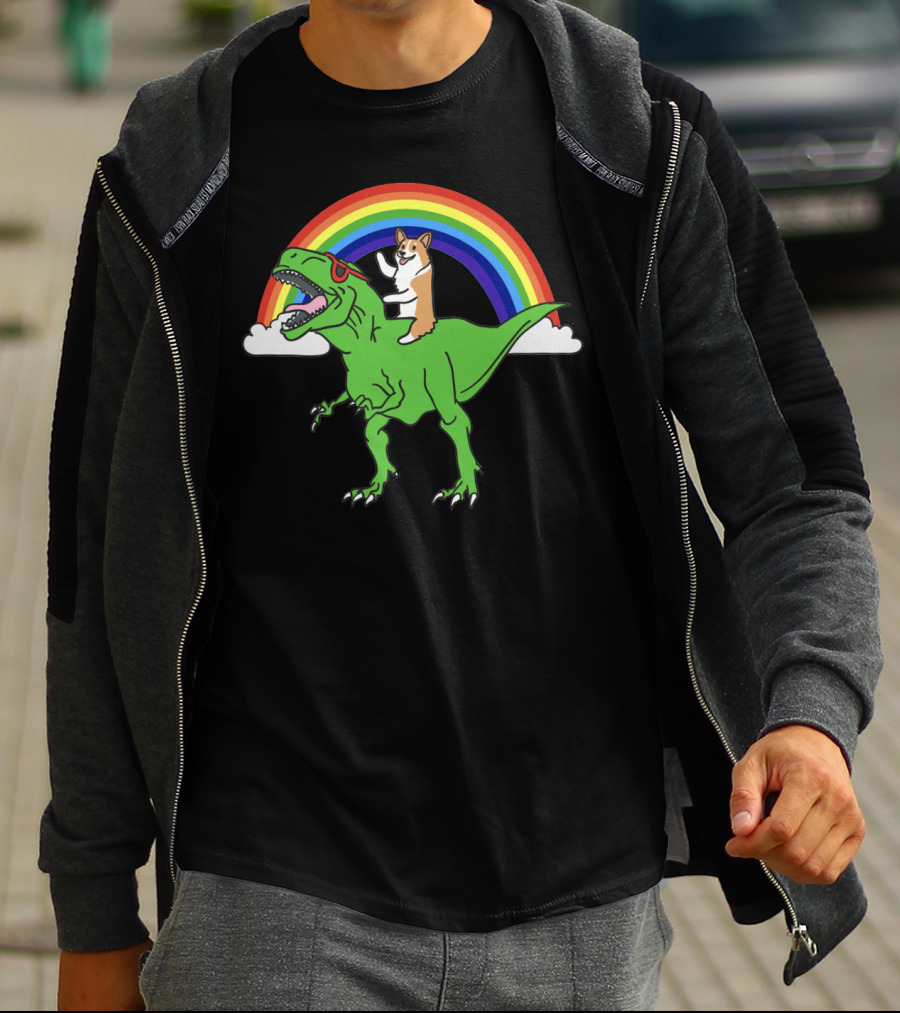 Corgi Dinosaur Riding T-Rex With Rainbow And Sunglasses T-Shirt