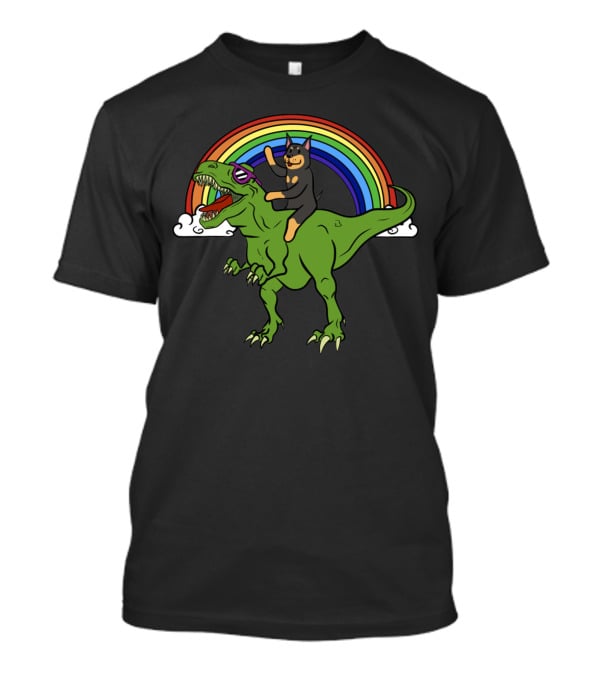 Rainbow-Riding Doberman Dinosaur Adventure T-Shirt