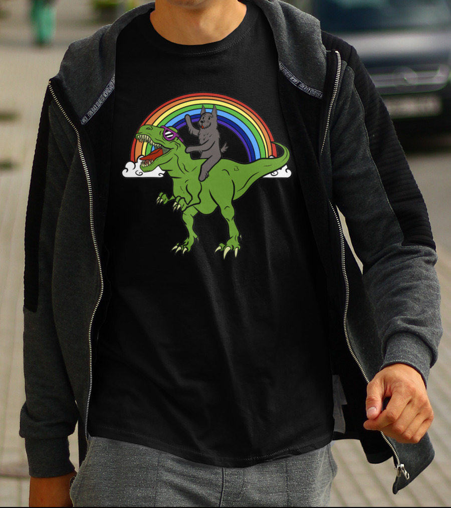 SCOTTIE DINOSAUR CAT RIDING T-REX T-Shirt