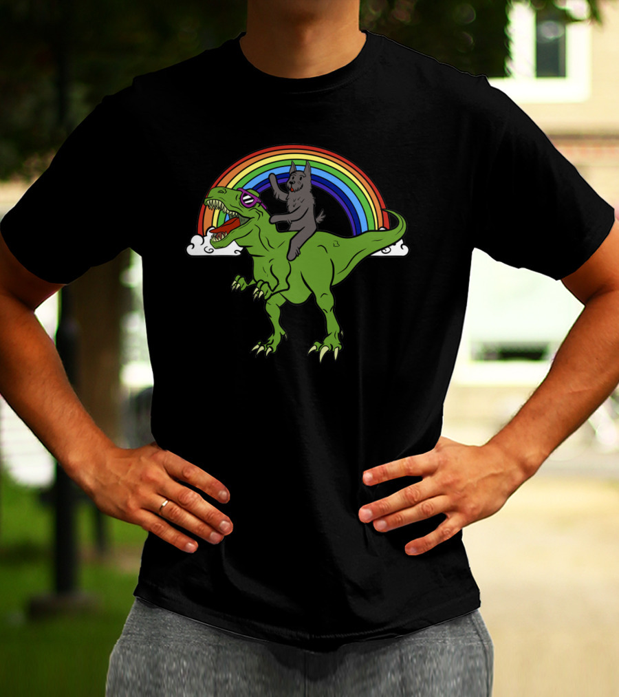 SCOTTIE DINOSAUR CAT RIDING T-REX T-Shirt