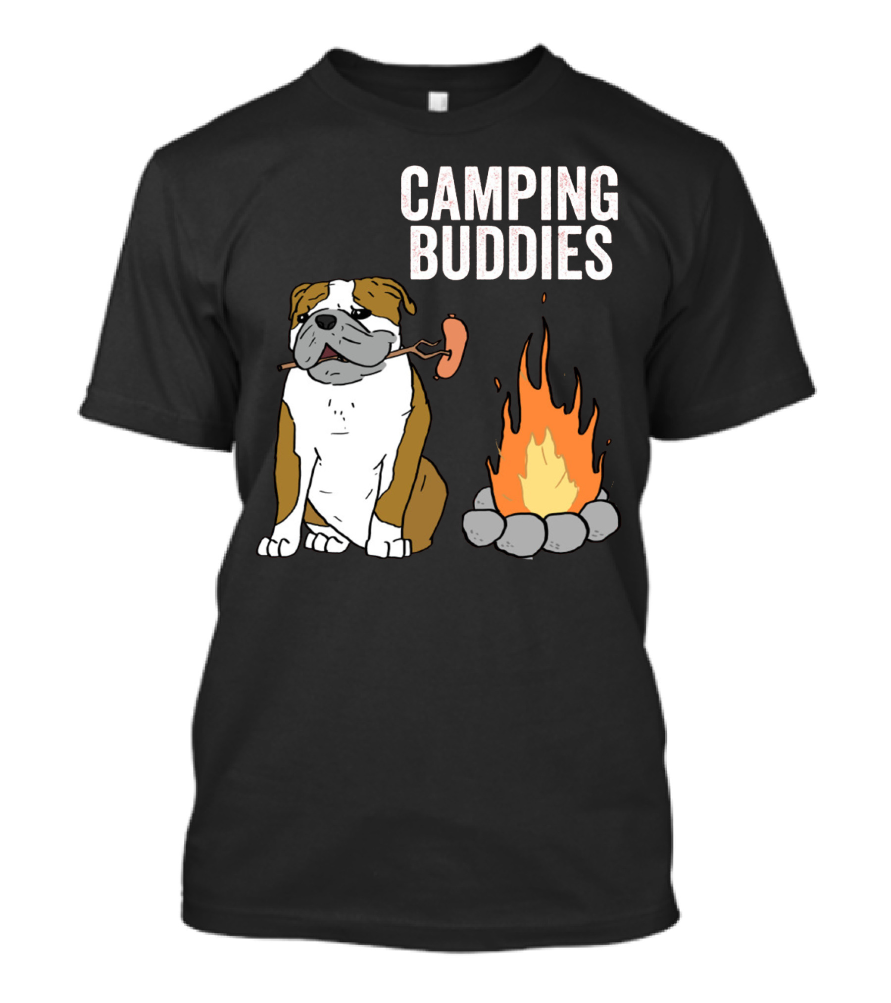 Bulldog Enjoying Campfire With Sausage And Camping Buddies T-Shirt