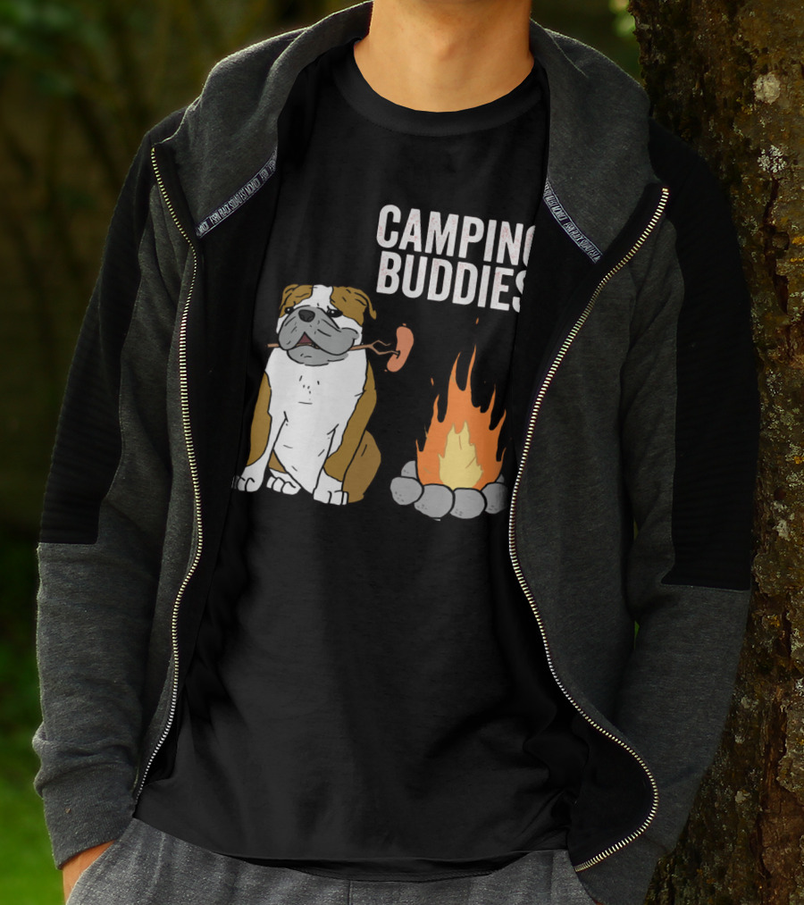 Bulldog Enjoying Campfire With Sausage And Camping Buddies T-Shirt