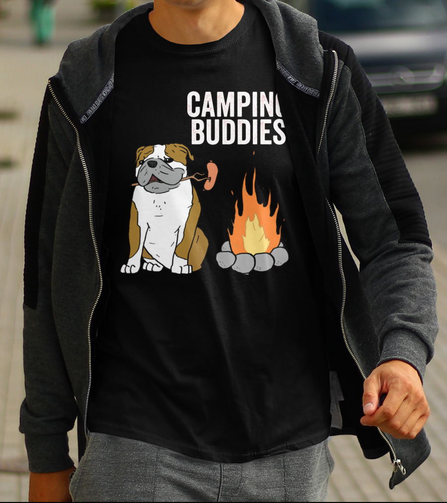 Bulldog Enjoying Campfire With Sausage And Camping Buddies T-Shirt