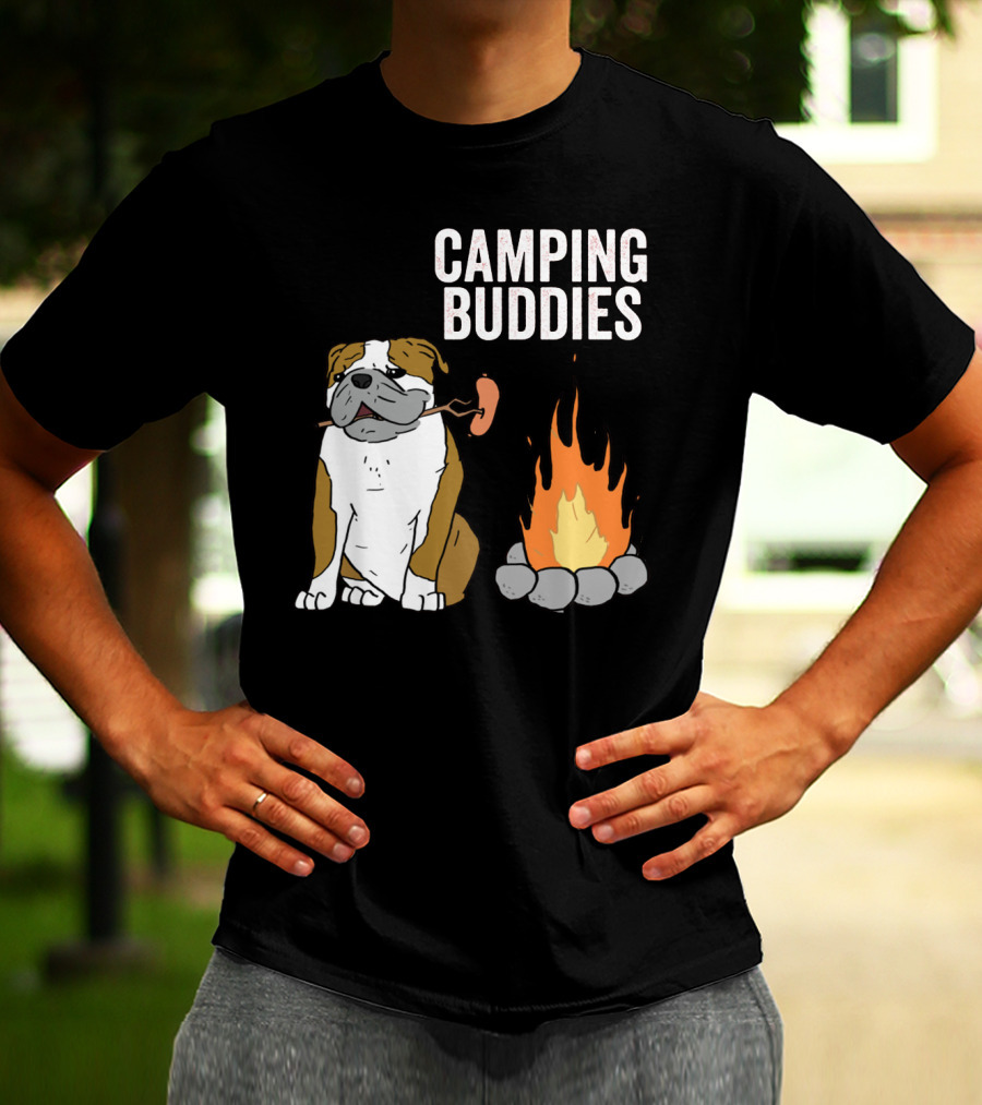 Bulldog Enjoying Campfire With Sausage And Camping Buddies T-Shirt