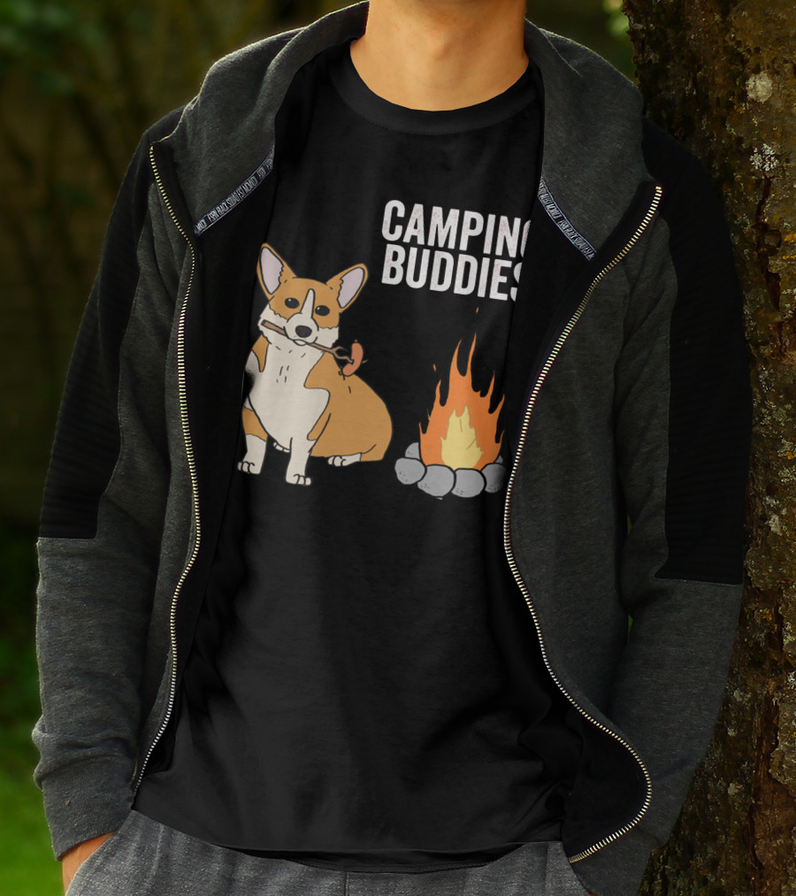 Corgi Roasting Marshmallow By Campfire - Camping Buddies Adventure T-Shirt