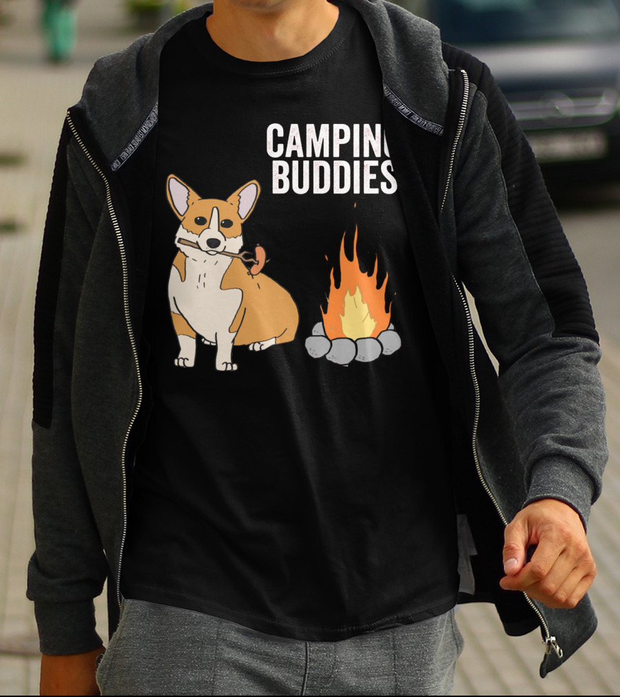 Corgi Roasting Marshmallow By Campfire - Camping Buddies Adventure T-Shirt