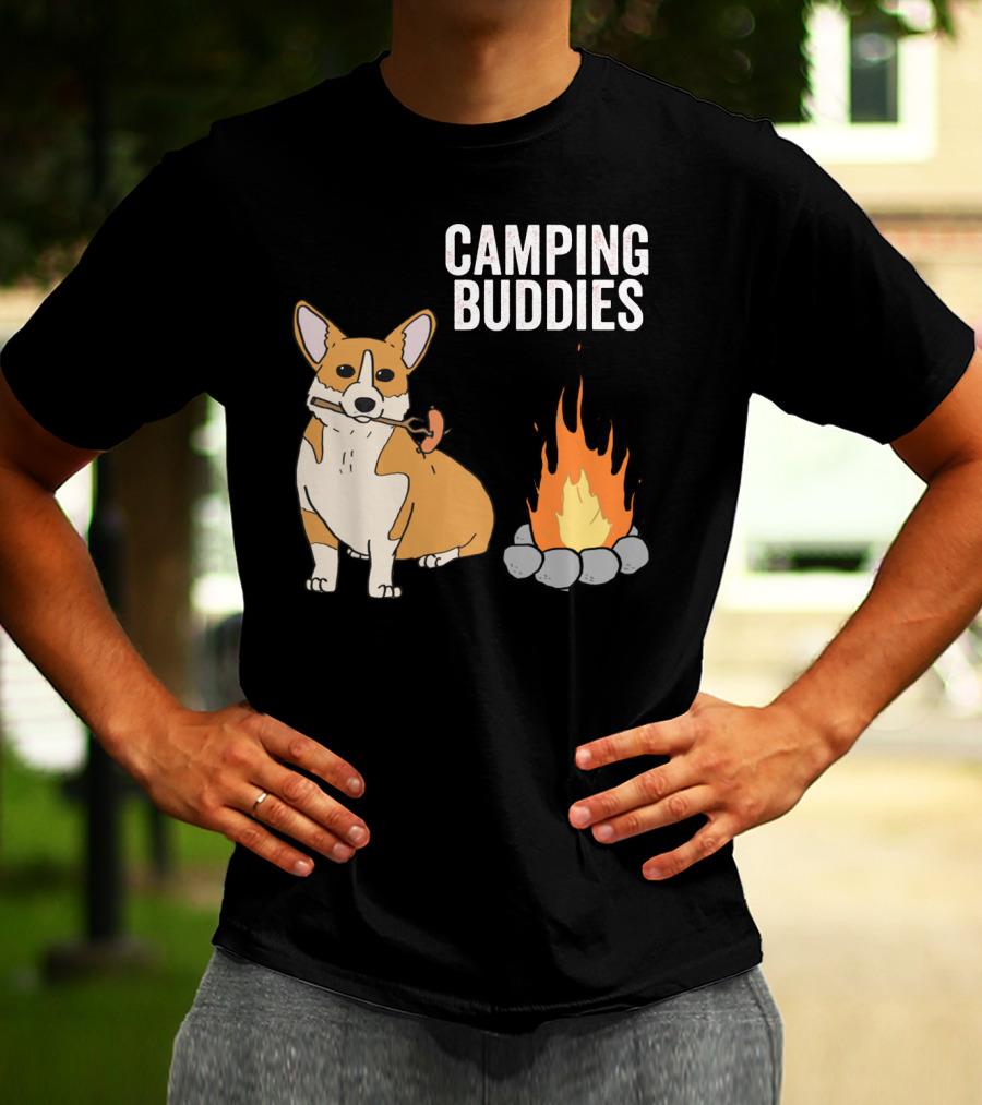 Corgi Roasting Marshmallow By Campfire - Camping Buddies Adventure T-Shirt