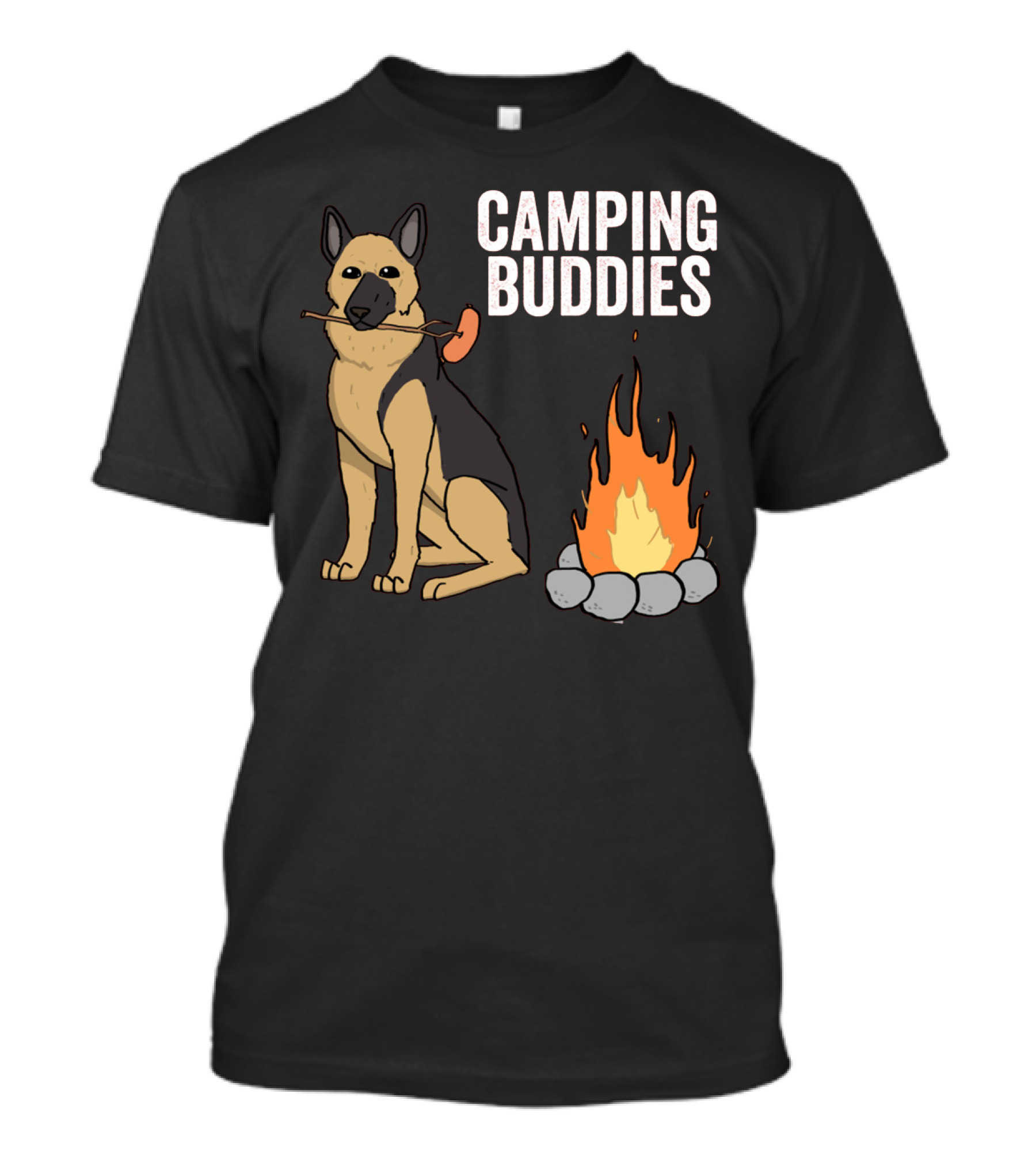 Camping Buddies German Shepherd Roasting By Campfire T-Shirt