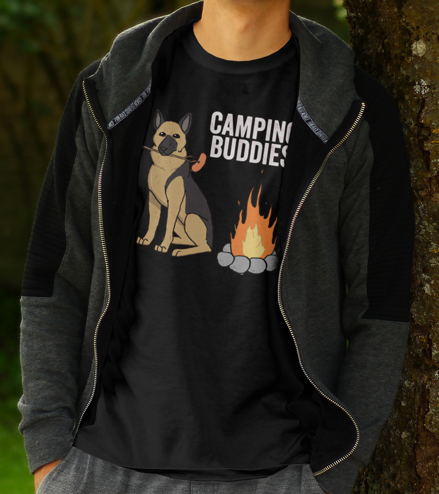 Camping Buddies German Shepherd Roasting By Campfire T-Shirt