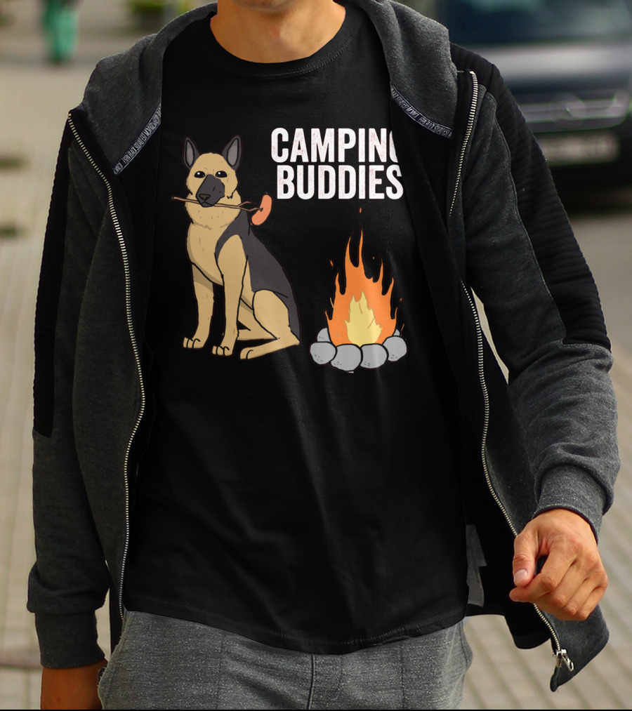 Camping Buddies German Shepherd Roasting By Campfire T-Shirt