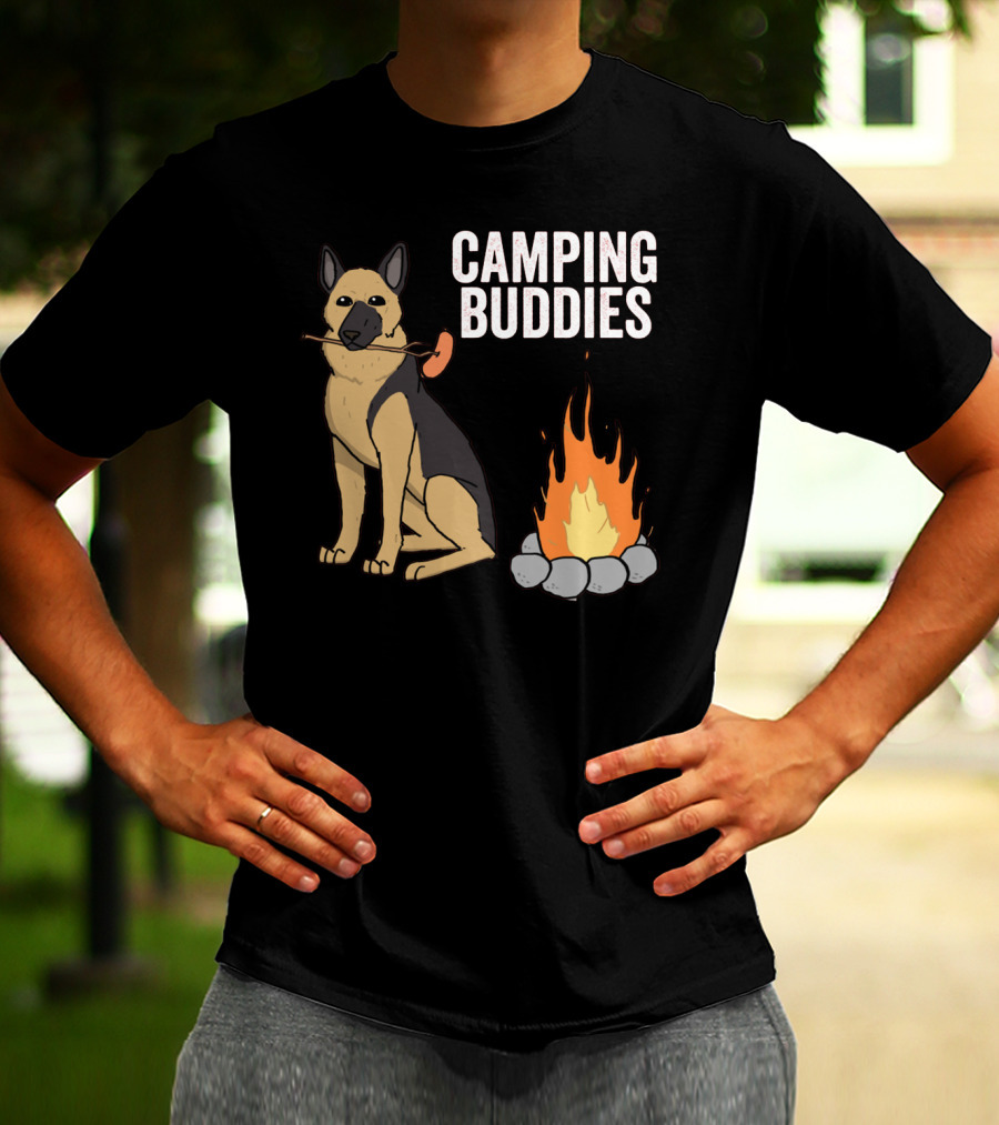 Camping Buddies German Shepherd Roasting By Campfire T-Shirt